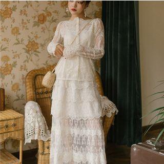 Long-sleeve Midi A-line Layered Lace Dress