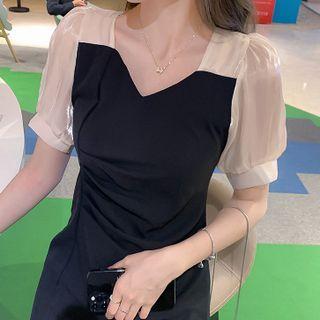 Mock Two-piece Puff-sleeve Shirred Dress (various Designs)
