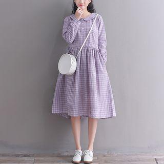 Collared Plaid Long-sleeve A-line Dress