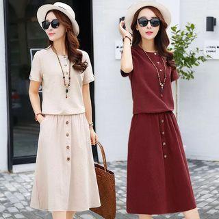 Set: Linen Short-sleeve T-shirt + A-line Skirt