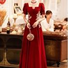 Short-sleeve Floral A-line Midi Evening Dress