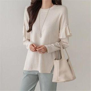 Faux-pearl Trim Ruffled Top