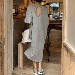Short-sleeve Open-back Midi T-shirt Dress Gray - One Size