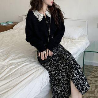 Lace Trim Cardigan / Flower Print Midi Pencil Skirt