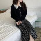 Lace Trim Cardigan / Flower Print Midi Pencil Skirt