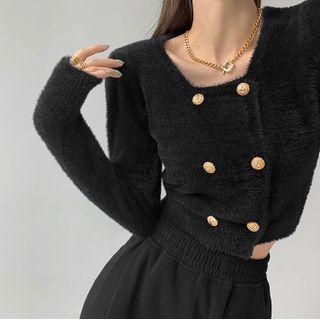 Double-breasted Furry-knit Crop Top