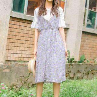 Set: Crew-neck Short-sleeve T-shirt + V-neck Lace Trim Spaghetti Strap Dress