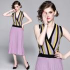 Sleeveless Striped Wrap Midi Knit Dress Light Purple - One Size