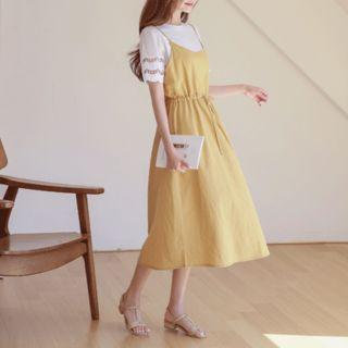 Drawstring-waist Linen Blend Pinafore Dress