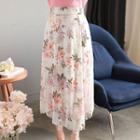 Asymmetric-hem Floral Long Skirt Ivory - One Size