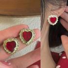 Heart Alloy Earring 1614a - 1 Pair - Red & Gold - One Size
