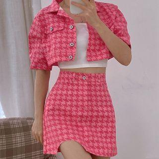 Short-sleeve Houndstooth Denim Crop Shirt / Mini Pencil Skirt