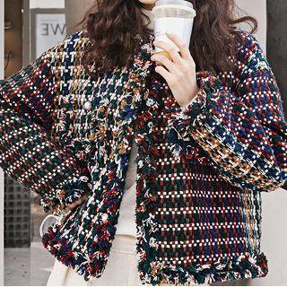 Fray Hem Open-front Tweed Jacket