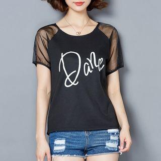 Mesh Panel Letter Short-sleeve Top