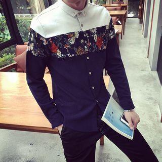 Floral Print Panel Fleece-lined Long-sleeve Shirt