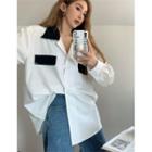 Long-sleeve Two-tone Loose-fit Shirt White - One Size
