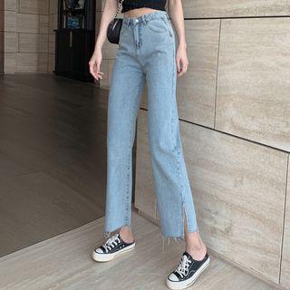 Frayed Hem Slit Cropped Wide-leg Jeans
