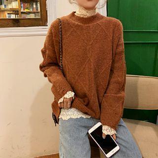 Long-sleeve Lace Top / Plain Knit Sweater