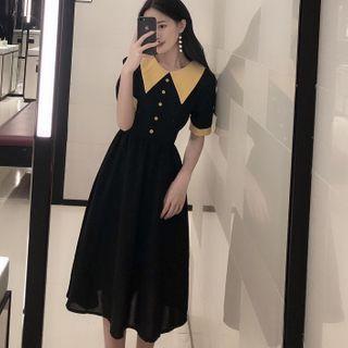 Contrast Trim Pointy-collar Midi Dress