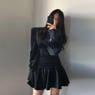 Puff-sleeve Shirred Velvet Dress
