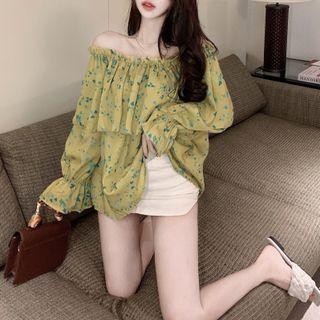 Long-sleeve Off-shoulder Floral Print Top Green - One Size