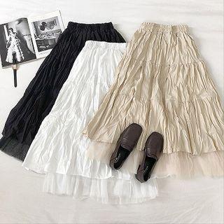 Plain High-waist Frilled Panel Lace Skirt