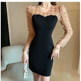 Long-sleeve Dotted Lace Panel Mini Sheath Dress