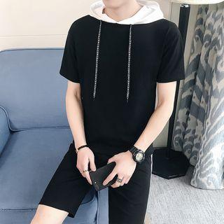 Set: Short-sleeve Color Block Hoodie + Shorts