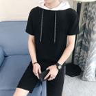 Set: Short-sleeve Color Block Hoodie + Shorts