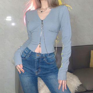Long Sleeve Silver Chain Zip Top