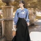 Set: Long-sleeve Plain Blouse + Midi A-line Skirt