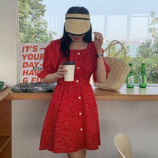 Puff-sleeve Floral Print Ruffled A-line Dress Red - One Size