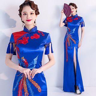 Embroidered Cap-sleeve Slit-front Maxi Qipao