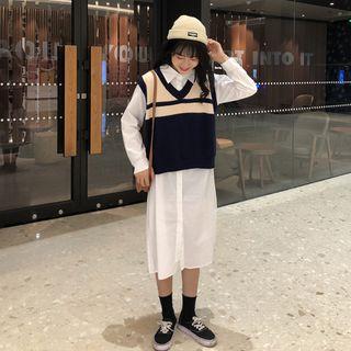 Long-sleeve Midi Shirtdress / Color Block Knit Vest