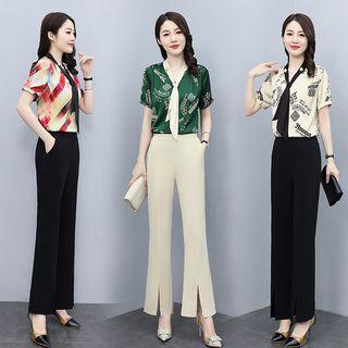 Set: Tie-neck Print Blouse + Slit-hem Bootcut Pants