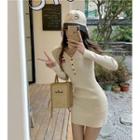 Long-sleeve Henley Bodycon Dress Almond - One Size