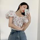 Short-sleeve Tie-neck Floral Printed Cropped Top As Shown In Figure - One Size