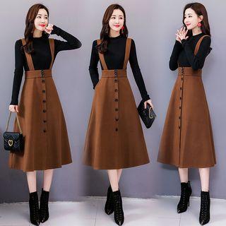 Set: Long Sleeve Mock Neck Top + Buttoned A-line Suspender Skirt