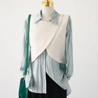 Long-sleeve Striped Shirt / Layered Vest