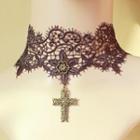 Lace Cross Necklace  Black - One Size