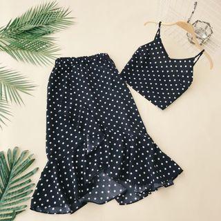 Set: Spaghetti Strap Dotted Top + Midi Skirt