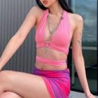 Striped Ribbon-back Cropped Halter Top
