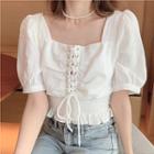 Short-sleeve Lace-up Shirred Crop Top White - One Size