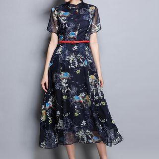 Printed Short-sleeve A-line Midi Chiffon Dress