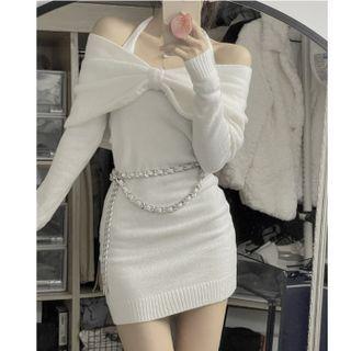 Halter Cold-shoulder Knit Mini Sheath Dress / Shawl / Chain Belt