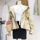 Snap-buttoned Trench Jacket / Embroidered Chiffon Blouse / Faux Leather Mini Pencil Skirt