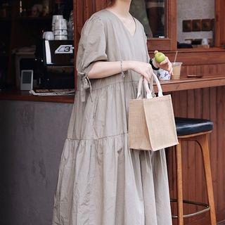 V-neck Plain Midi A-line Dress Grayish Green - One Size