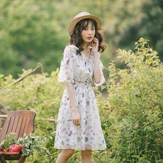 Short-sleeve Cold Shoulder Leaf Print Chiffon Dress