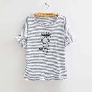 Print Stripe Frill Sleeve Top