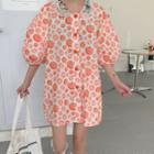 Puff-sleeve Orange Print Floral Embroidered A-line Dress Oranges - White - One Size